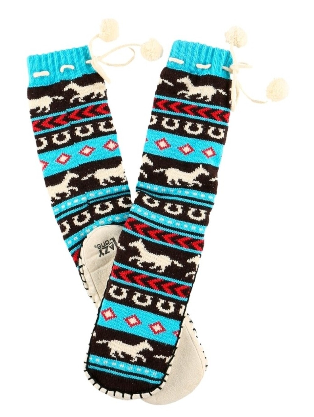 Lazy One Turquoise, Black & Red Aztec Knit Slipper Socks with Pom-Poms L/XL